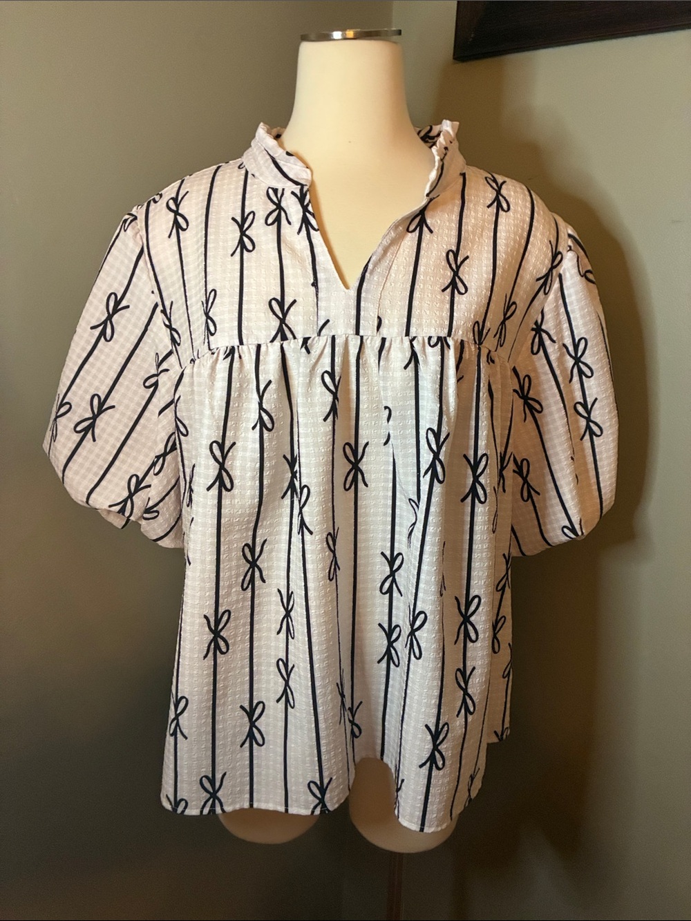 Cato White Blouse with Black Bow-Striped Print